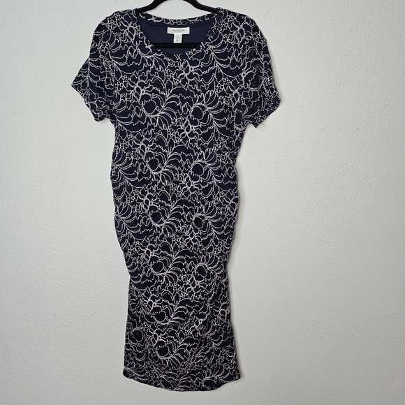 Motherhood‎ Maternity Navy Blue Midi Bodycon Fitted Dress Ruched Size L Large - Picture 1 of 10